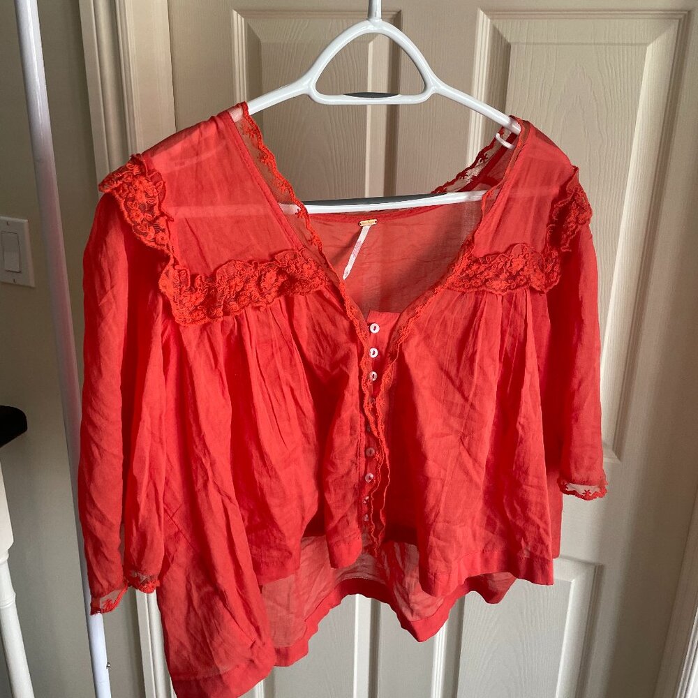 Free People Size S Red Blouse Lace Detail 100% Cotton